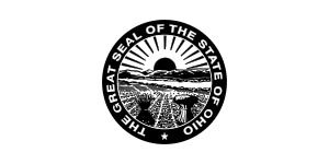 A black and white picture of the state seal.