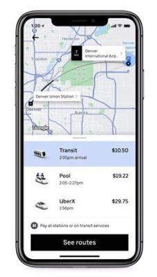 A phone with the location of transit, pool and uber.